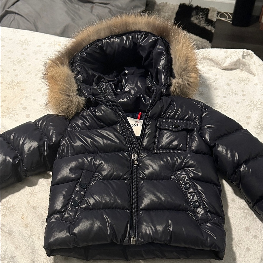 Moncler Glossy Blue Puffer Jacket with Fur Hood